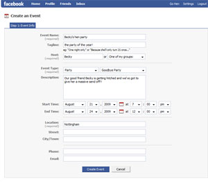 organise your hen do on facebook Facebooks event creation page