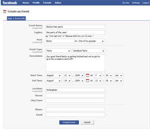 Facebooks event creation page