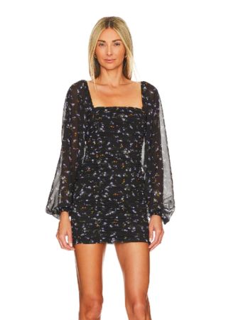 Black hen do mini dress with long sleeves and floral design