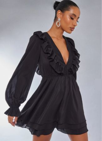 Black hen do mini dress with v neckline and ruffles