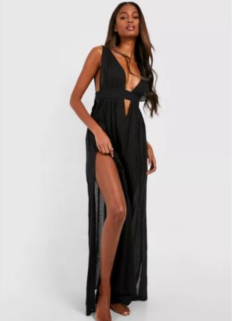 Sheer black hen do maxi dress with v neckline and leg cut outs