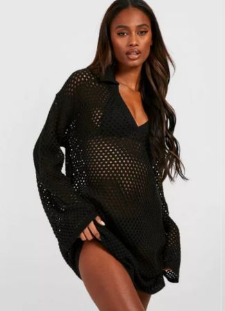 Crochet black hen do mini dress with collar