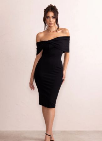 Black hen do midi dress, with bardot neckline