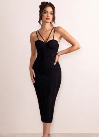 Black hen do midi dress with double straps