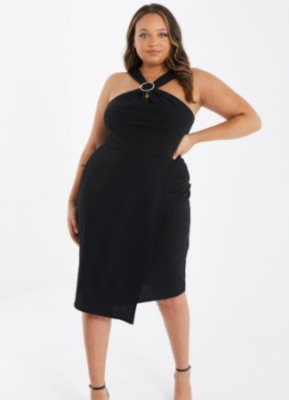 Black hen do midi dress with halter neck