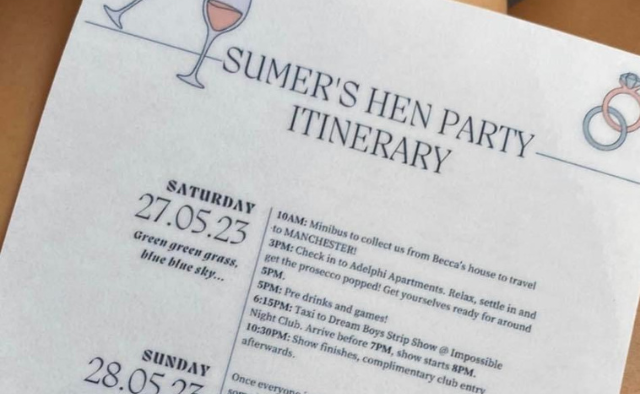 Hen party itinerary 