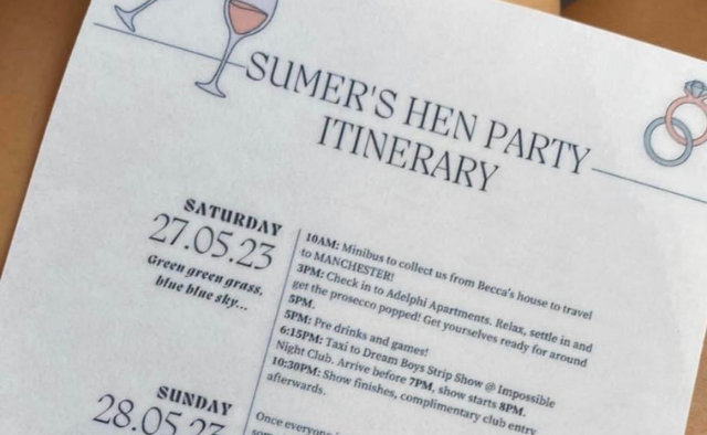 Hen party itinerary