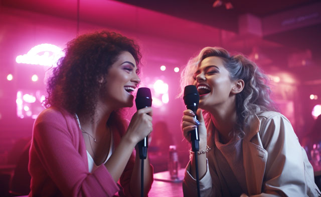 Two women singing in a karaoke bar