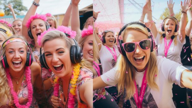 Group of hens having fun at a silent disco festival activity