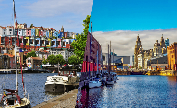 Colourful Bristol Harbour and Liverpool waterfront – popular hen do destinations in the UK for 2025