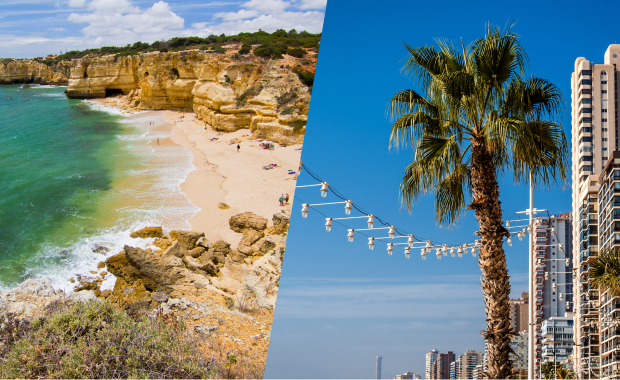 Coastal beach in the Algarve and Benidorm skyline – top European destinations for hen dos in 2026.