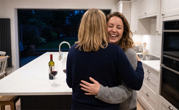 bride and maid of honour embrace